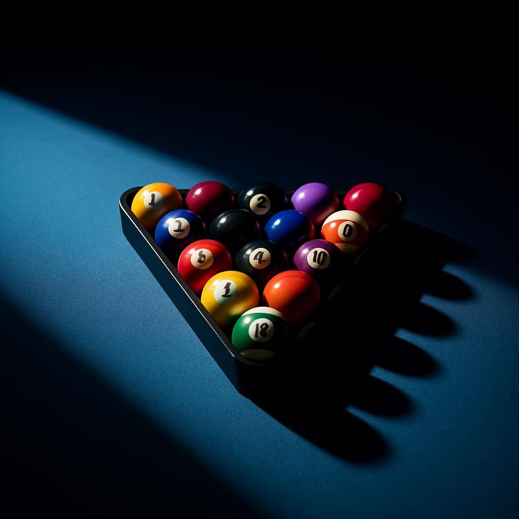 The alt text for the image is: "A close-up of a pool cue ball rack with pool balls inside, set on top of a table '.